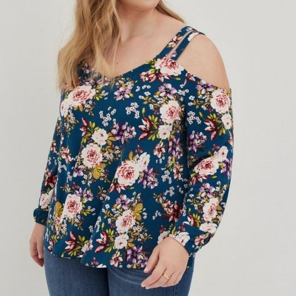 Torrid V-Neck Cut-Out Cold Shoulder Floral Top 3XL Navy - Picture 1 of 12